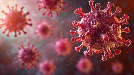 Microscopic view of coronavirus particles in red tones