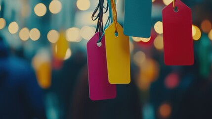 Colorful price tags hanging in a busy market urban setting photography vibrant atmosphere close-up view