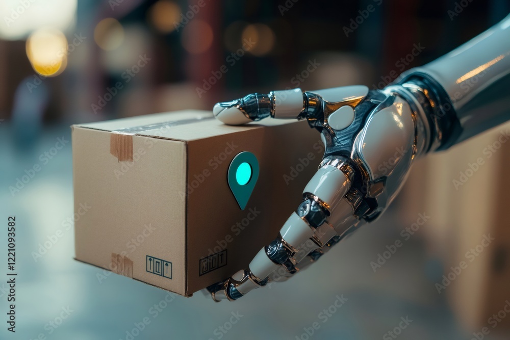 Poster robotic arm holding cardboard box with location pin, depicting automated delivery
