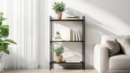 Modern shelving unit with plants in bright room