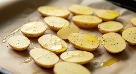 Fototapeta premium Halved potatoes with olive oil and seasoning on parchment paper, ready for roasting