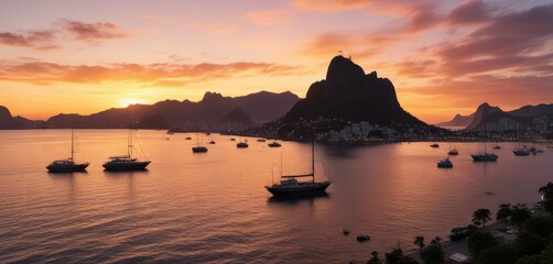 A colorful sunrise over the Botafogo bay with ships and boats in the distance, ships,
