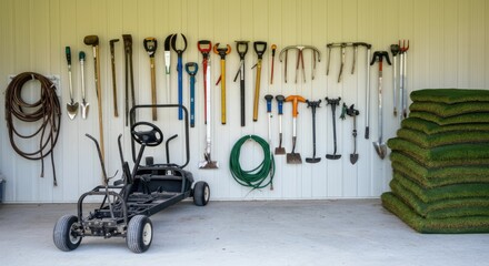 Gardening tools arranged on wall with turf sod and go-kart in shed