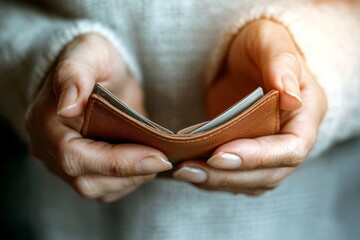Empty Wallet: A pair of hands, holding a brown leather wallet open, reveal an empty interior, emphasizing a relatable experience of financial hardship. 