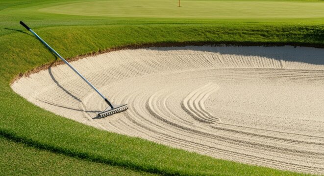 Raked golf bunker by green on sunny day