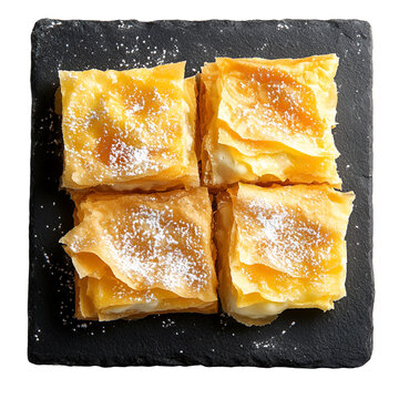 Top view of a delicious looking bougatsa with custard cream on a dark slate tray isolated on a white transparent background