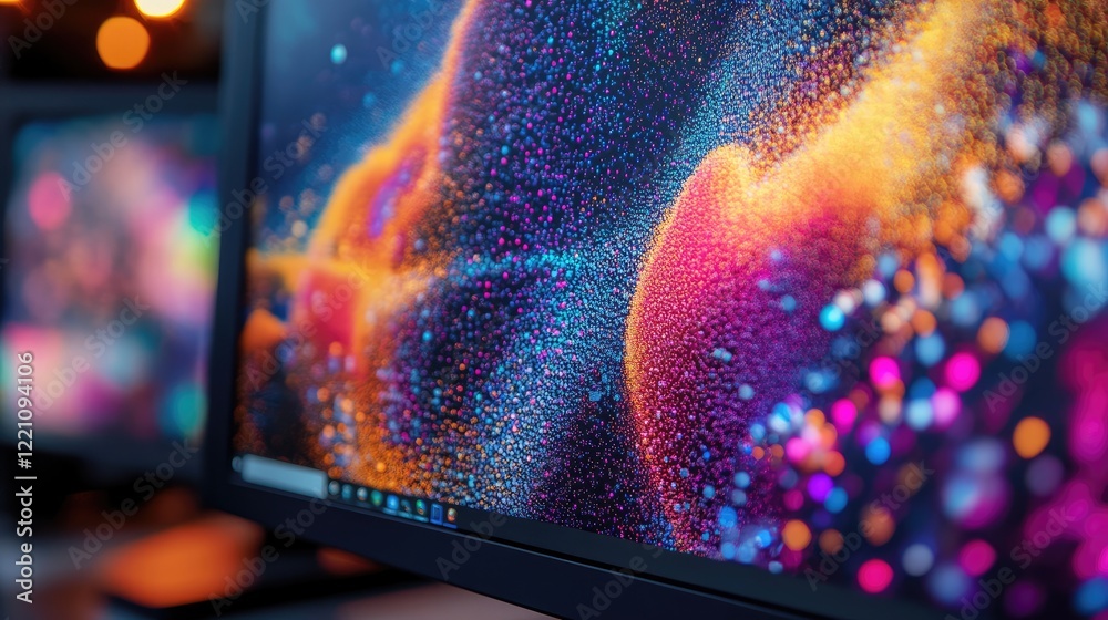 Aufkleber Close-up of a digital computer monitor displaying intricate pixel details with vibrant color variations, illustrating the power of high-resolution displays.