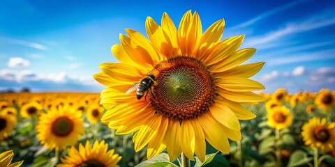 Obraz premium Vibrant Sunflower with Bumblebee in Sunny Field, Blue Sky Background - Stock Photo