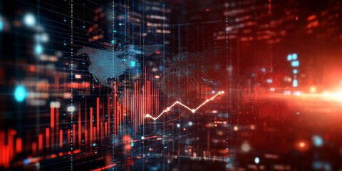 Fototapeta premium Global Market Downturn: A dramatic visualization of a global market downturn, depicted with falling stock market graphs overlaid on a city skyline at night.