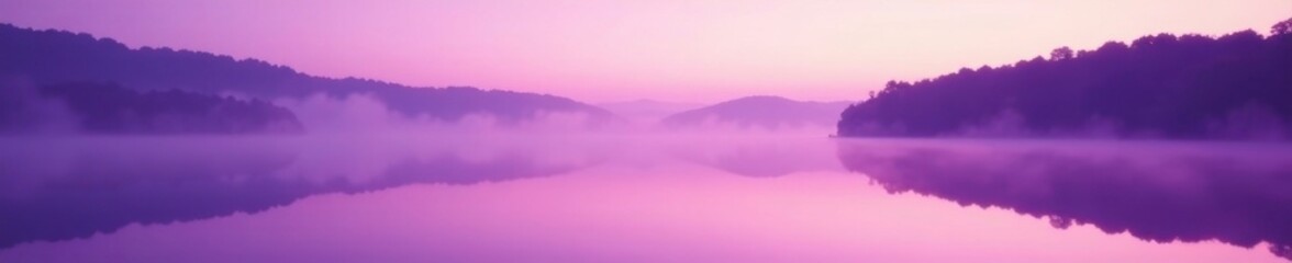 Fototapeta premium Gentle purple mist over a tranquil lake at dawn, light purple mist, natural scenery