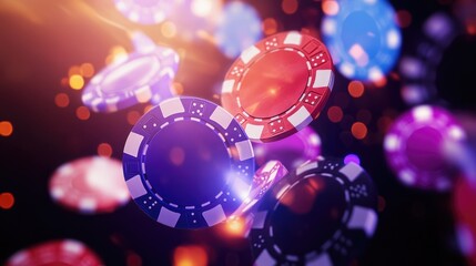 Colorful poker chips scatter on a roulette table under casino lights, representing the high-energy atmosphere of a vibrant casino night.