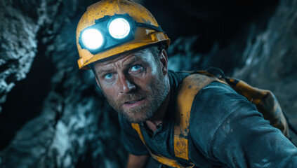 Rugged middle-aged man navigating a dark cave while wearing a hard hat and headlamp during an underground exploration