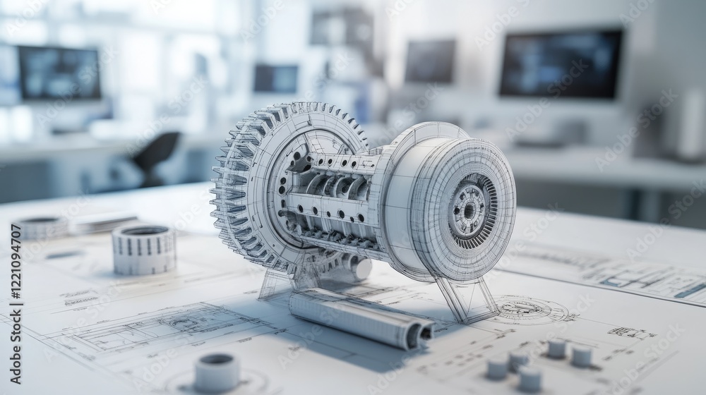 Poster Complex gearbox design with technical blueprints and 3D printed prototypes, highlighting the meticulous process of engineering and innovation.
