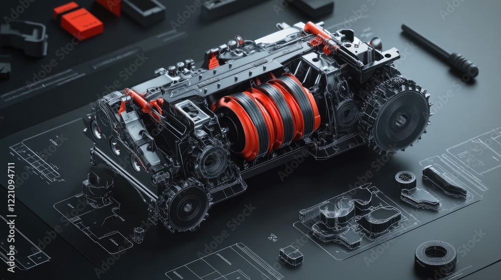 Poster complex gearbox design with technical blueprints and 3d printed prototypes, highlighting the meticul