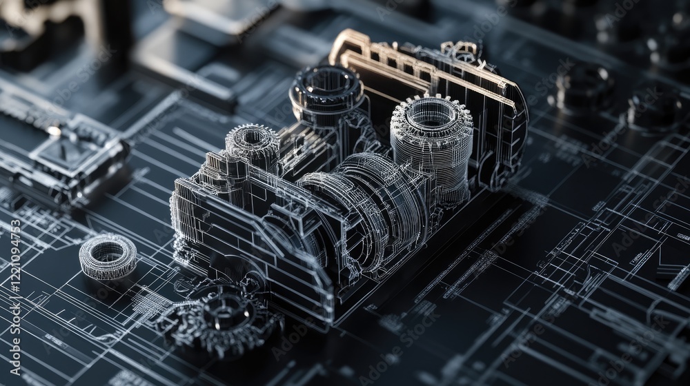 Poster Complex gearbox design with technical blueprints and 3D printed prototypes, highlighting the meticulous process of engineering and innovation.