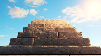 Stone staircase with steps leading to a shining business goal at the peak, 3D illustration,