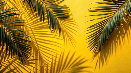 Obraz premium Describing palms branches casting shadows on a yellow surface , natural, architectural, natural, architectural, palm fronds