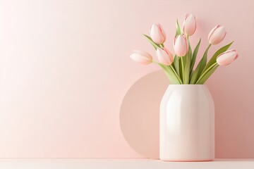 A smooth white vase holds vibrant tulips, positioned next to a modern podium. The soft pastel background enhances the fresh colors, perfect for campaign designs or product branding