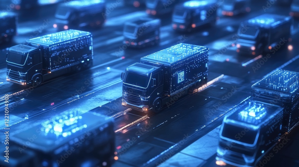 Poster Concept of trucks connected through a smart global network, representing fleet management and the evolution of logistics with advanced technology.