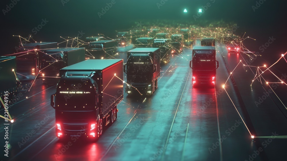 Poster Conceptual image of trucks connected via a global smart network, visualizing the efficiency and innovation behind fleet management in logistics.
