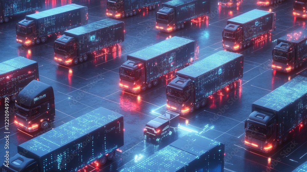 Poster Conceptual image of trucks connected via a global smart network, visualizing the efficiency and innovation behind fleet management in logistics.