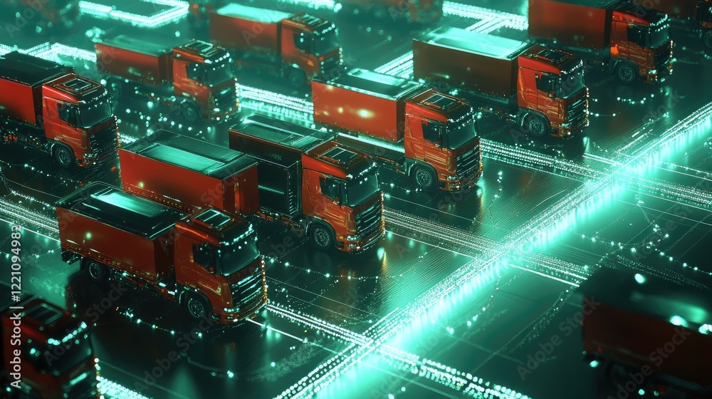 Poster Conceptual image of trucks connected via a global smart network, visualizing the efficiency and innovation behind fleet management in logistics.