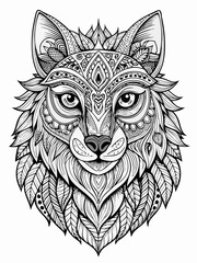 Animal Face Mandala Coloring Page for Adults, black and white, black line art, Isolated on white background
