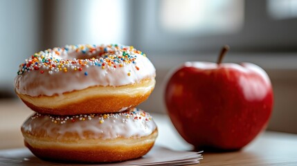 This vibrant image features two frosted donuts stacked atop each other beside a shiny red apple, highlighting a delightful dessert experience perfect for any occasion.