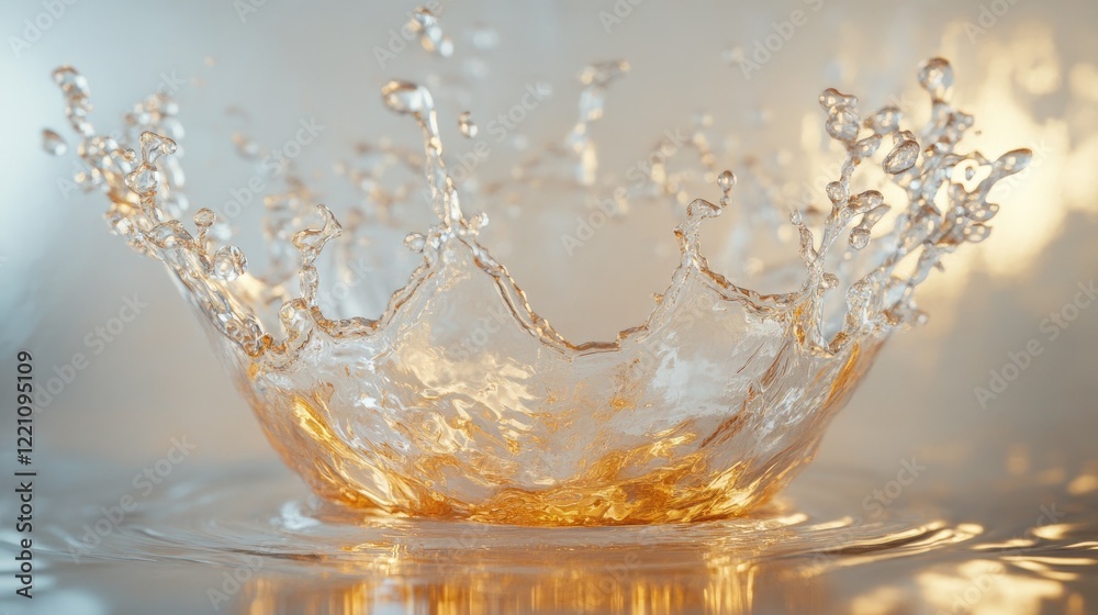 Poster crown-shaped water splash creating a stunning sphere, reflecting light on a white surface in an arti