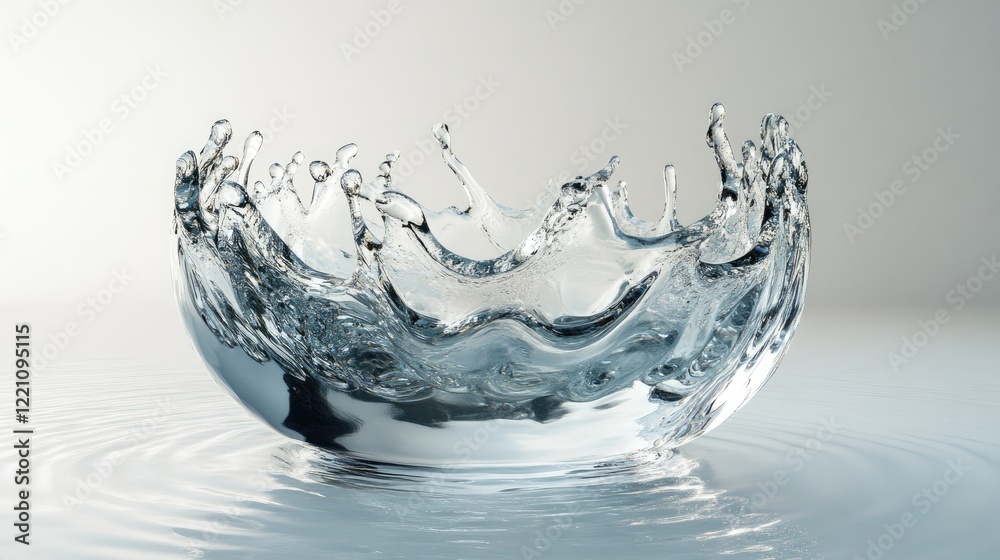 Poster crown-shaped water splash creating a stunning sphere, reflecting light on a white surface in an arti