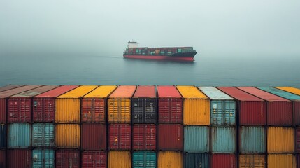 Fototapeta premium Container Ship Approaching Cargo Ship with Colorful Containers in the Fog