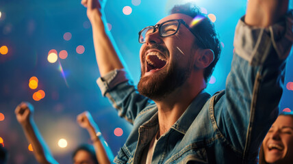 Euphoric expression on concertgoer face, celebrating moment with raised arms and joyful energy. vibrant lights enhance festive atmosphere