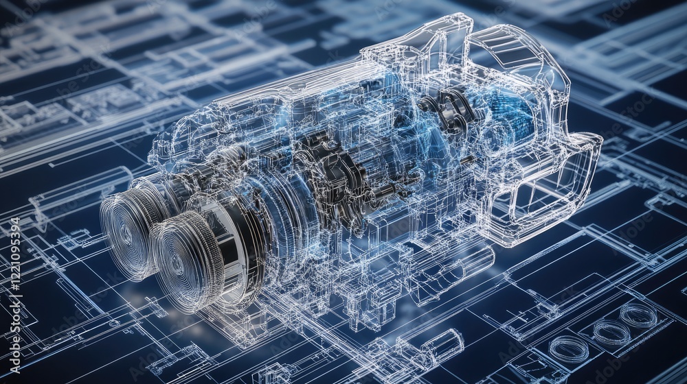 Poster Detailed engineering blueprints with a transparent engine model layered on top, representing the cutting-edge advancements in design and innovation.