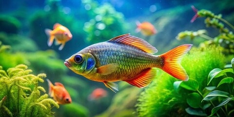 Naklejka premium Vibrant Tropical Fish in Clear Aquarium Water with Green Algae Background