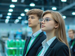 Two young professionals in suits, attentively observing something in a large industrial setting.