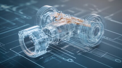 Detailed engineering blueprints with a transparent engine model layered on top, representing the cutting-edge advancements in design and innovation.