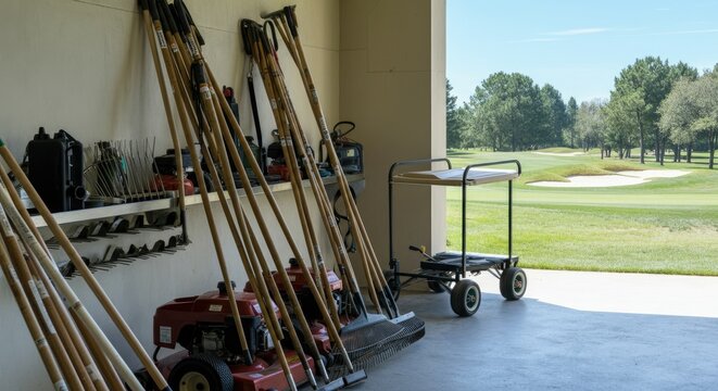 Golf course maintenance shed with tools and equipment