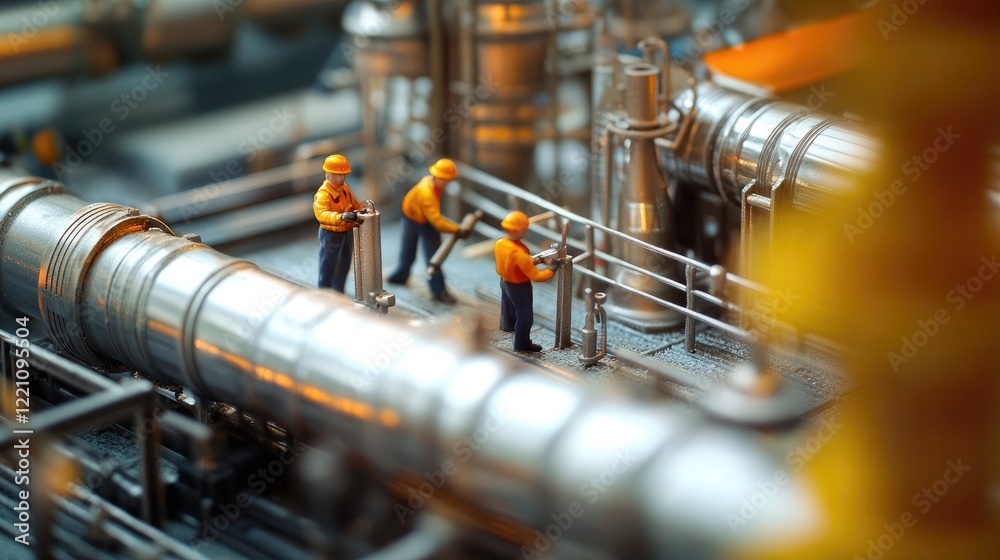 Poster detailed scene of tiny workers handling maintenance on an industrial oil pipeline, representing the 