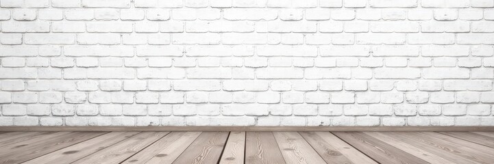 Fototapeta premium Textured white brick wall backdrop, rustic wooden floor , home decor, contemporary, white brick