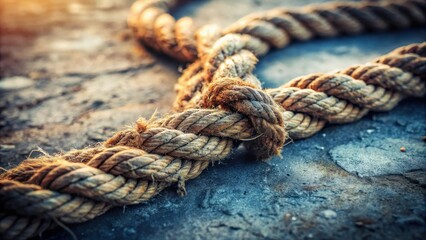 Fototapeta premium A close-up of a thick, weathered rope, its fibers tightly woven and twisted, resting on a rough, textured surface, bathed in warm, natural light.