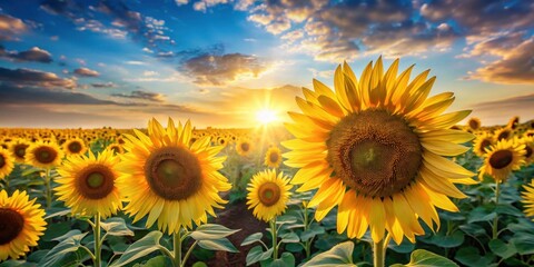 Fototapeta premium A vibrant field of sunflowers bathed in the golden glow of a setting sun, the petals of the flowers catching the last rays of light, creating a breathtaking scene of nature's beauty.