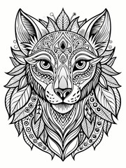 Obraz premium Animal Face Mandala Coloring Page for Adults, black and white, black line art, Isolated on white background