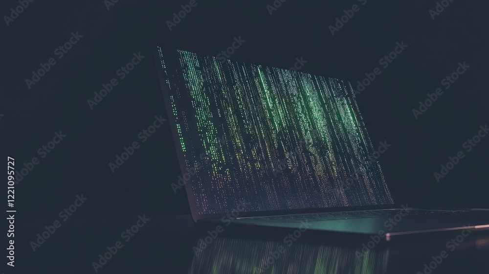 Poster Digital data streamed through a laptop, with programming code in the background, symbolizing the digital transformation and technology-driven world.