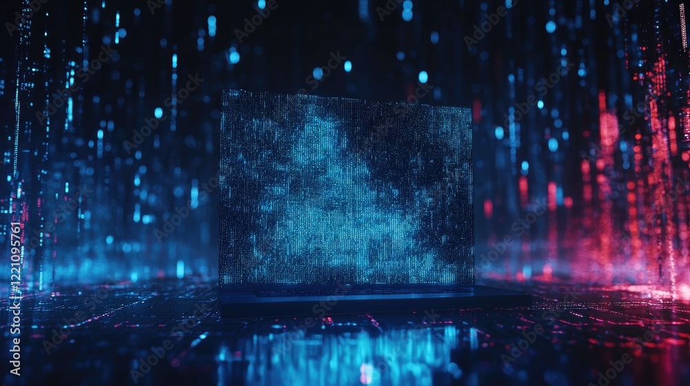 Poster Digital data streamed through a laptop, with programming code in the background, symbolizing the digital transformation and technology-driven world.