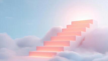 Fototapeta premium Abstract staircase ascending through clouds towards a glowing business icon, 3D illustration,