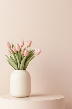 Fototapeta A stylish vase holds vibrant tulips, positioned next to a smooth, modern podium. The soft glowing light and pastel background create an inviting atmosphere for branding