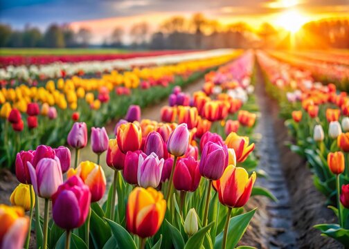 Vibrant Tulip Field Pattern Background with Copy Space - Perfect for Spring Designs