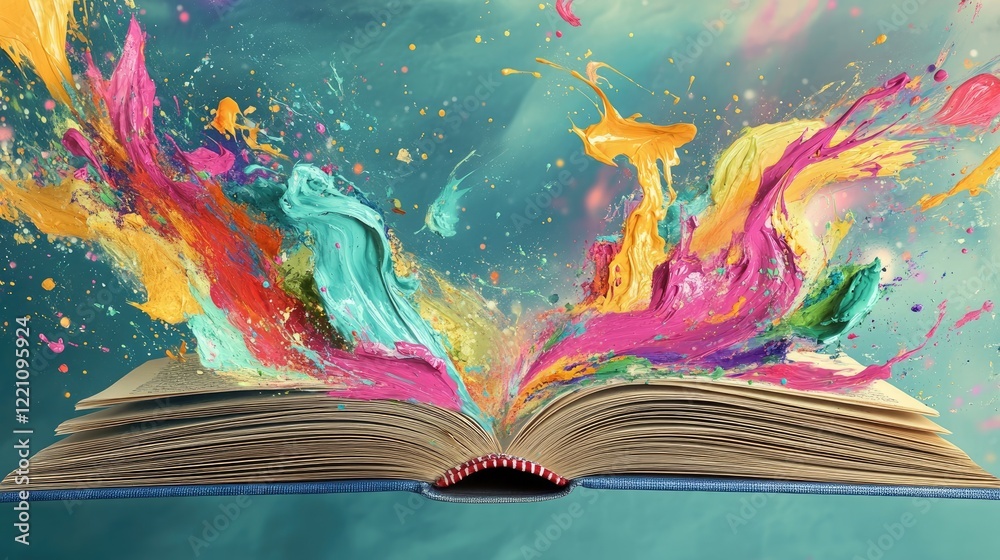 Poster Dynamic paint splashes flying out from an open book, embodying the vivid and imaginative power of reading and creativity.