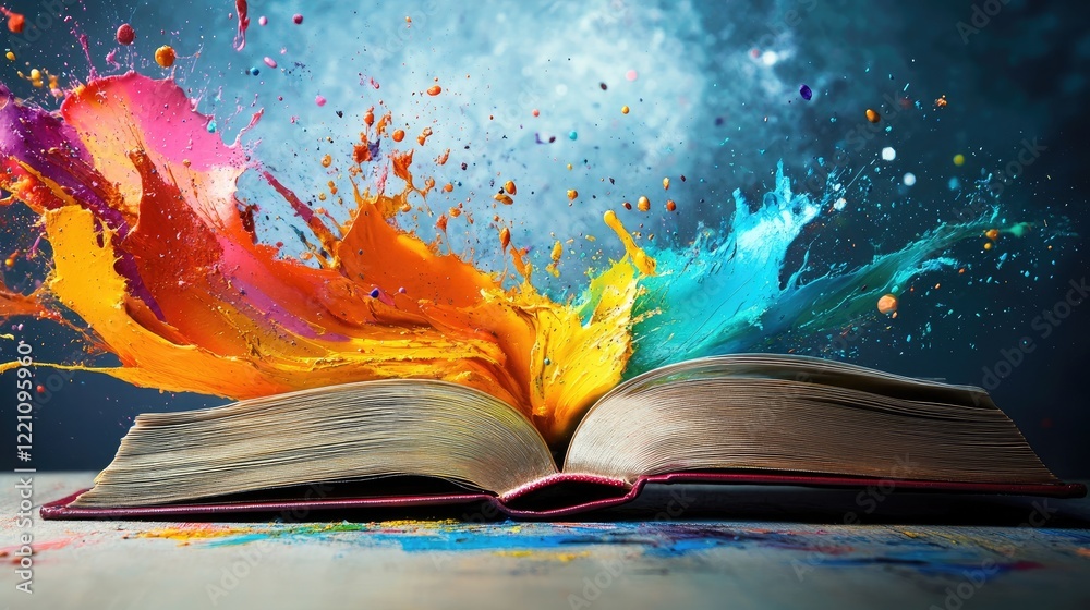 Poster Dynamic paint splashes flying out from an open book, embodying the vivid and imaginative power of reading and creativity.