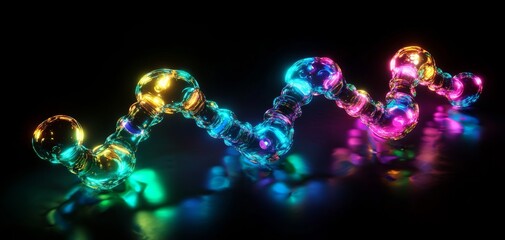 An abstract representation of colorful molecular structures illuminated in a dark background, symbolizing innovation and discovery.